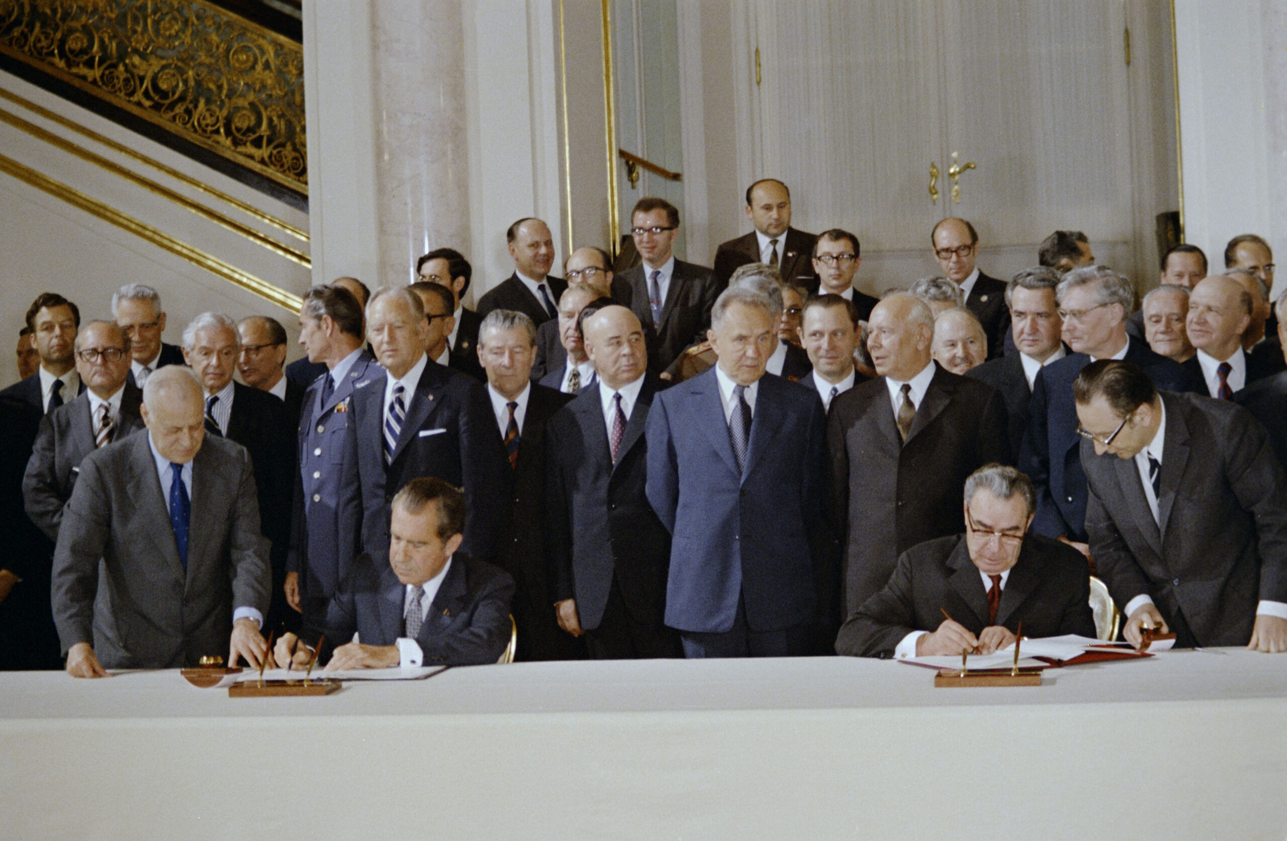 President Nixon and General Secretary Brezhnev signing the (SALT 1) ABM Treaty (Limitation of Anti-Ballistic Missile Systems) and the Interim Agreement on strategic offensive arms in Moscow on 26 May 1972