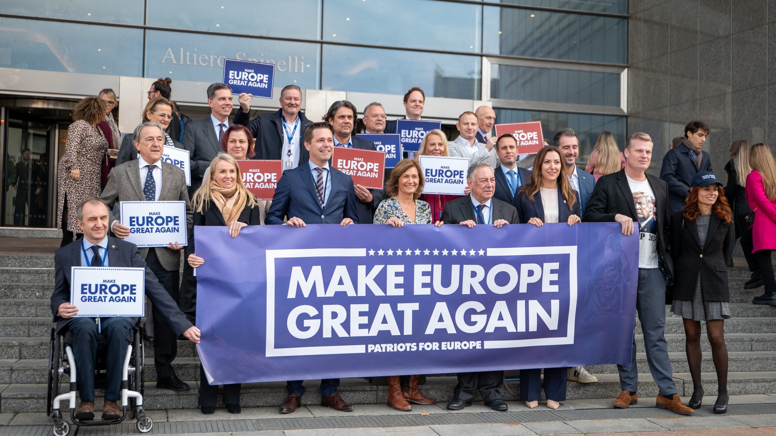 The Patriots for Europe group posing with a Make Europe Great Again banner on 13 November 2024