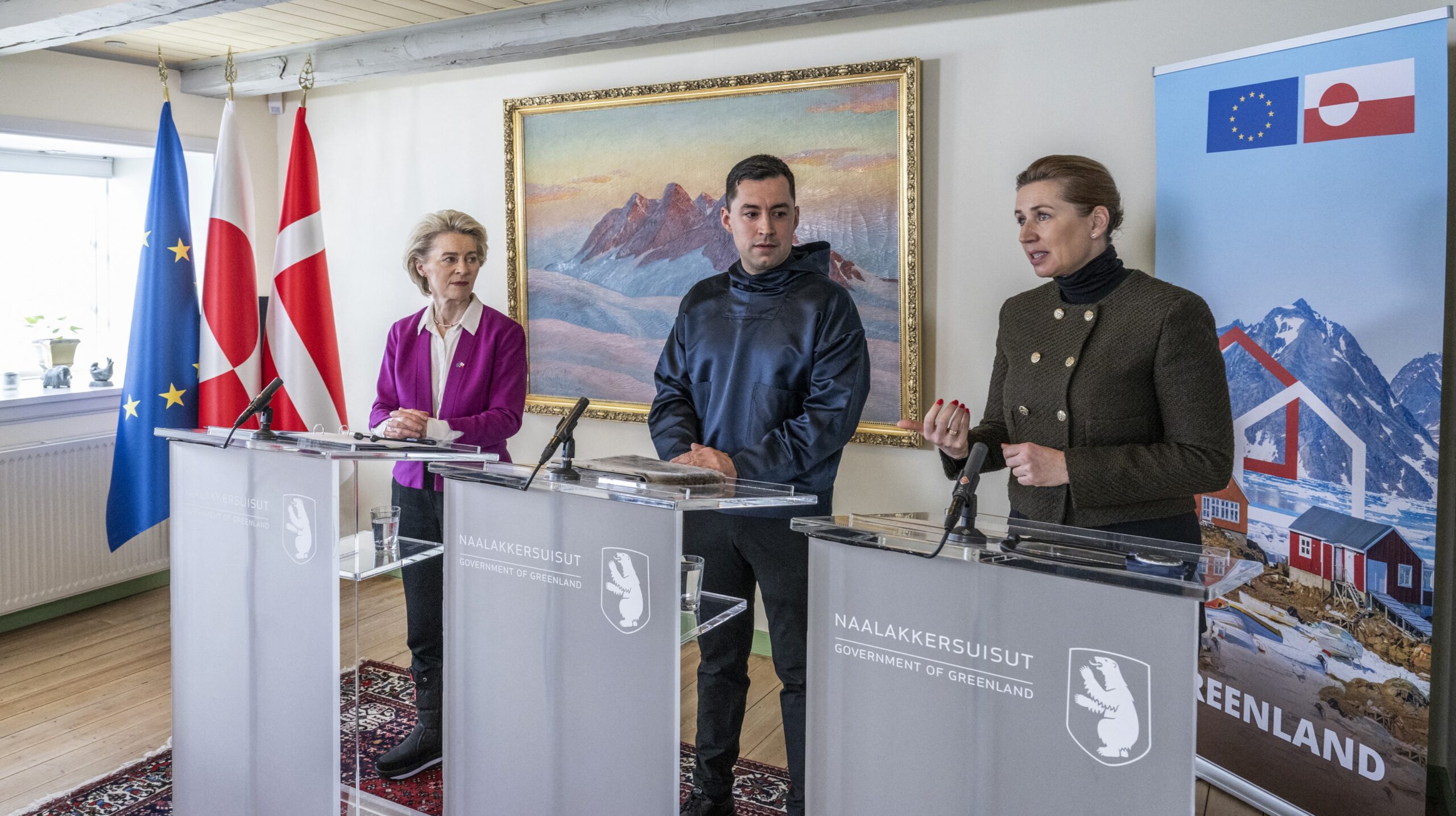 (L-R) President of the European Commission Ursula von der Leyen, Greenlandic Prime Minister Mute B Egede and Danish Prime Minister Mette Frederiksen address a press conference after signing an agreement on the opening of the European Commission's new office in Nuuk, Greenland, on 15 March 2024.